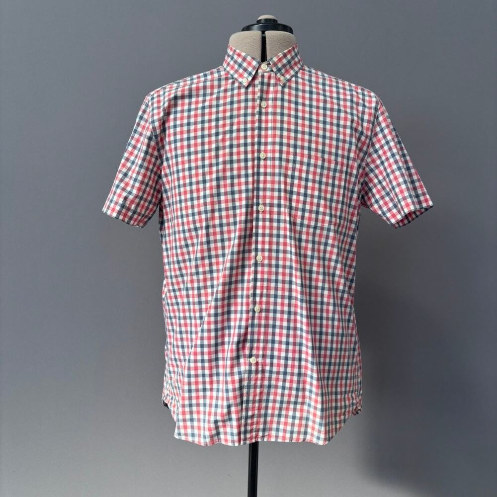 H&M LOGG Mens Short Sleeve Button Front Red & Blue Gingham Shirt Sz L